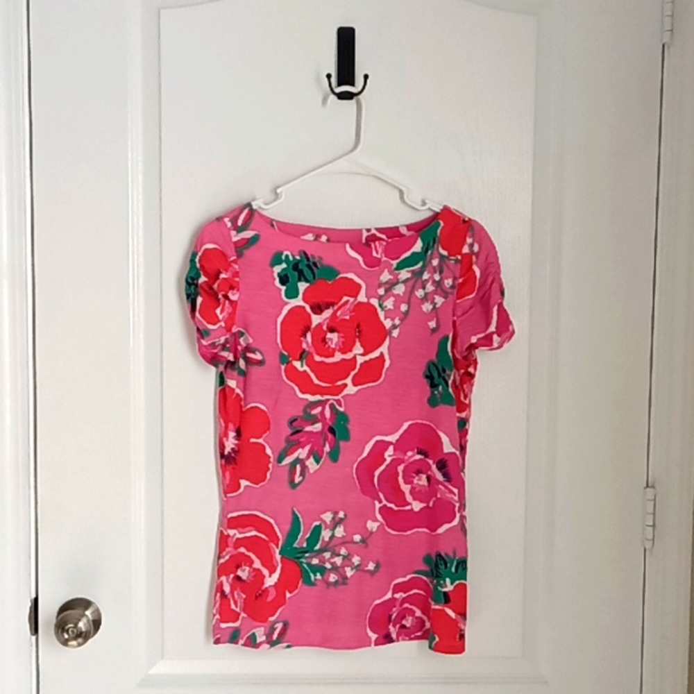 Lilly Pulitzer Medium Floral Boat-Neck Ruched Hotty Pink Just Love Lana Top